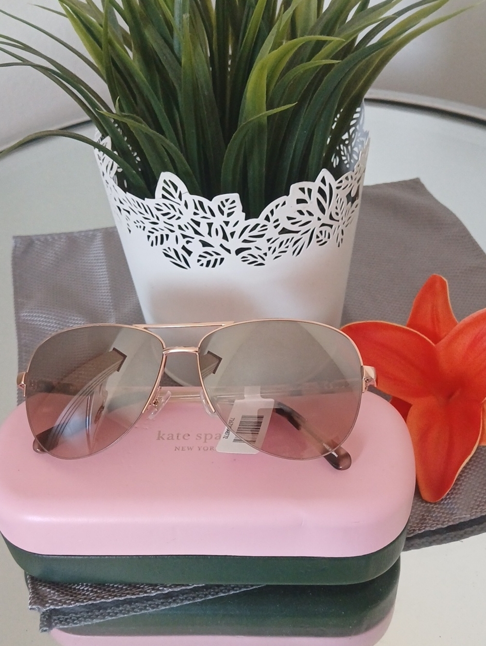 kate spade Rose Gold Aviator Sunglasses with Pink Case